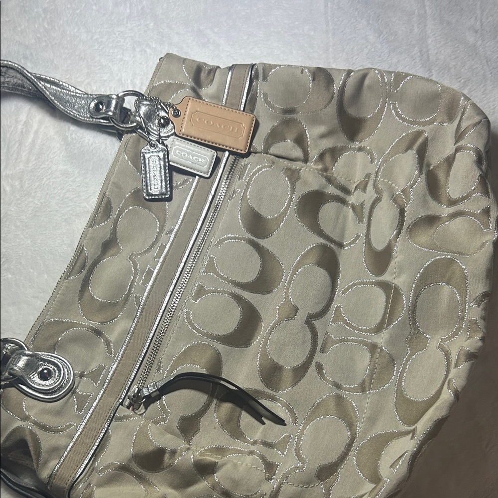 Coach Metallic Silver and Beige Shoulder Bag